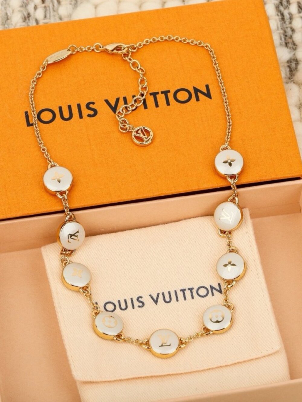 Louis Vuitton Gold-Tone White Enamel Monogram Medallion Necklace